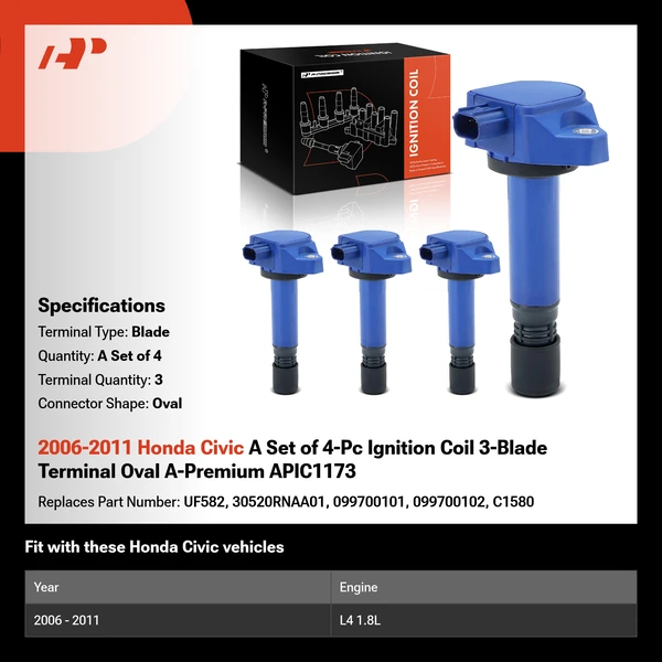 2006-2011 Honda Civic A Set of 4-Pc Ignition Coil 3-Blade Terminal Oval A-Premium APIC1173