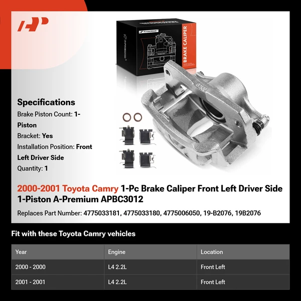 2000-2001 Toyota Camry 1-Pc Brake Caliper Front Left Driver Side 1-Piston A-Premium APBC3012