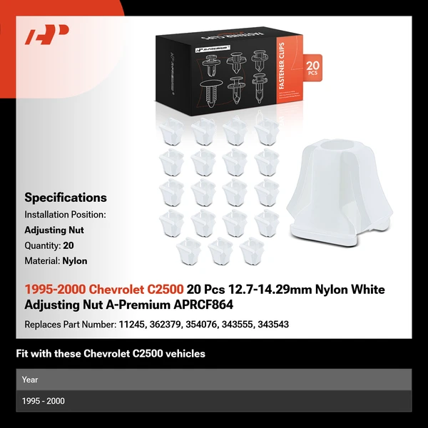 1995-2000 Chevrolet C2500 20 Pcs 12.7-14.29mm Nylon White Adjusting Nut A-Premium APRCF864