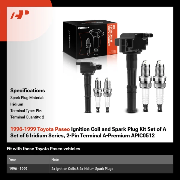 1996-1999 Toyota Paseo Ignition Coil and Spark Plug Kit Set of A Set of 6 Iridium Series, 2-Pin Terminal A-Premium APIC0512