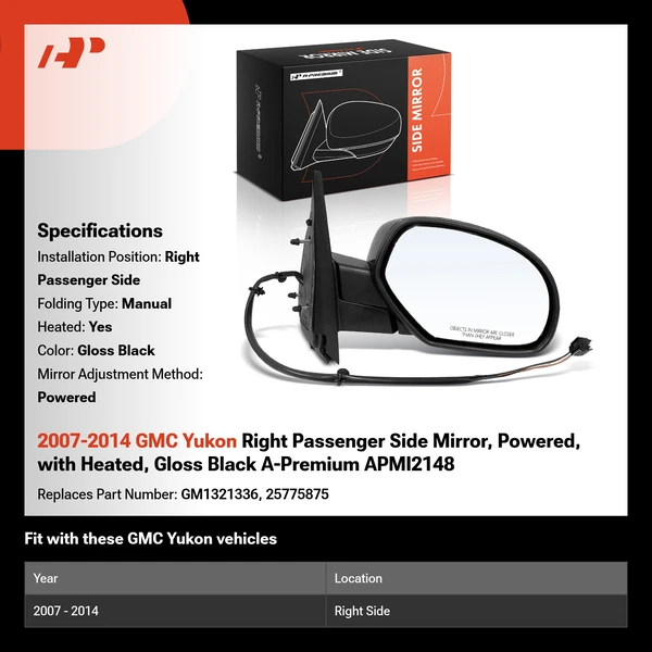 2007-2014 GMC Yukon Right Passenger Side Mirror, Powered, with Heated, Gloss Black A-Premium APMI2148