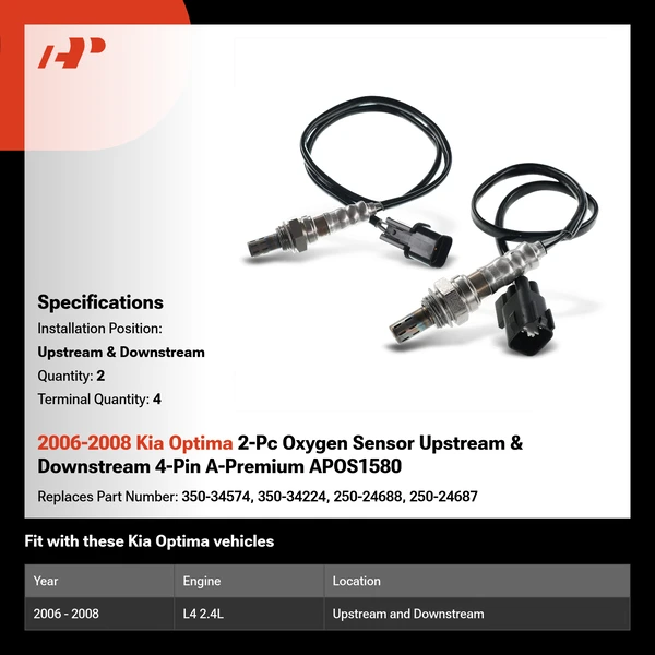 2006-2008 Kia Optima 2-Pc Oxygen Sensor Upstream & Downstream 4-Pin A-Premium APOS1580