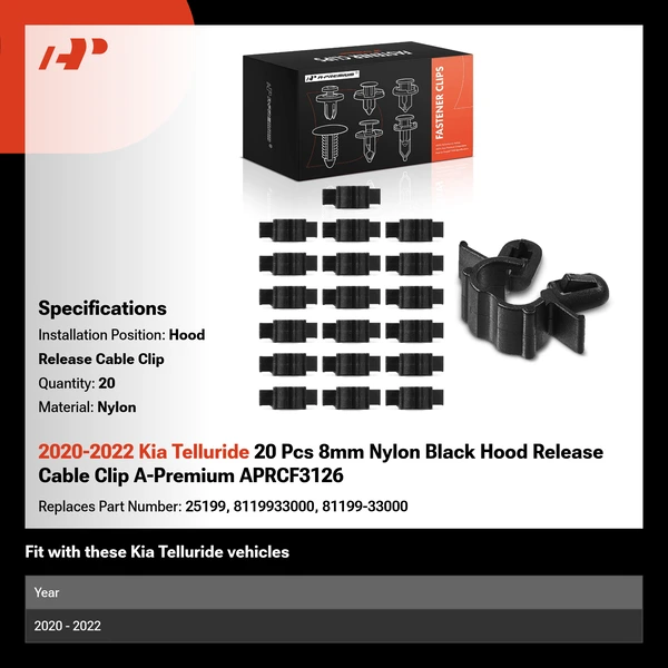 2020-2022 Kia Telluride 20 Pcs 8mm Nylon Black Hood Release Cable Clip A-Premium APRCF3126