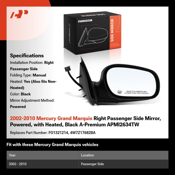 2002-2010 Mercury Grand Marquis Right Passenger Side Mirror, Powered, with Heated, Black A-Premium APMI2634TW