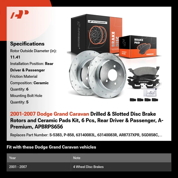 2001-2007 Dodge Grand Caravan Drilled & Slotted Disc Brake Rotors and Ceramic Pads Kit, 6 Pcs, Rear Driver & Passenger, A-Premium, APBRPS656