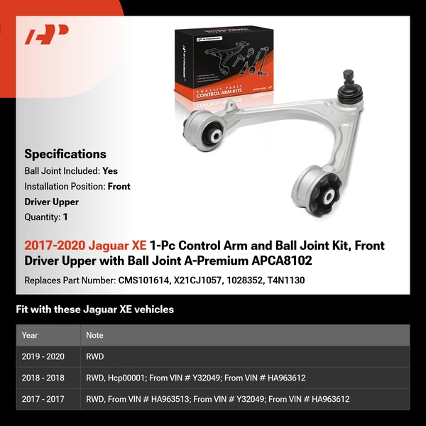 2017-2020 Jaguar XE 1-Pc Control Arm and Ball Joint Kit, Front Driver Upper with Ball Joint A-Premium APCA8102