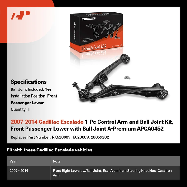 2007-2014 Cadillac Escalade 1-Pc Control Arm and Ball Joint Kit, Front Passenger Lower with Ball Joint A-Premium APCA0452