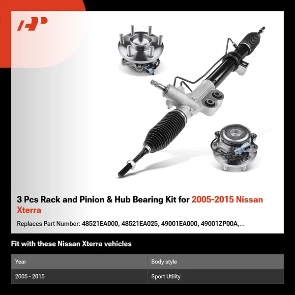 3 Pcs Rack and Pinion & Hub Bearing Kit for 2005-2015 Nissan Xterra