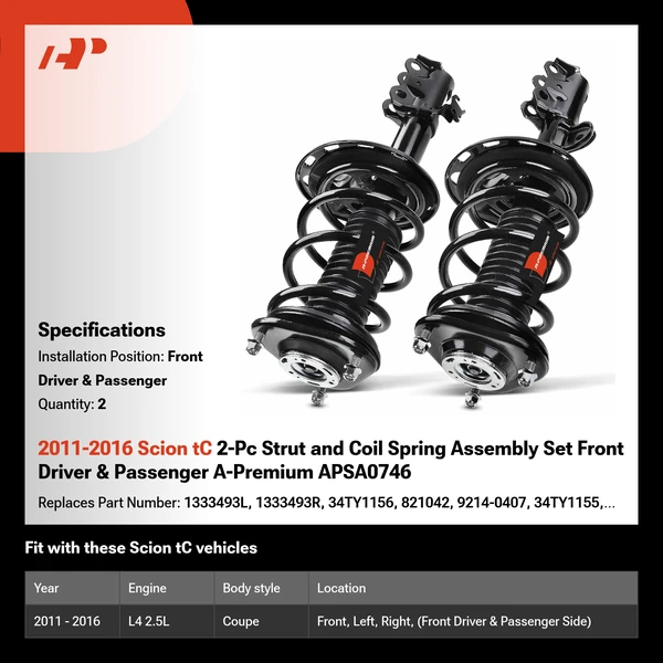 2011-2016 Scion tC 2-Pc Strut and Coil Spring Assembly Set Front Driver & Passenger A-Premium APSA0746