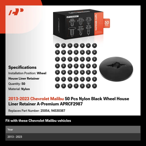 2013-2023 Chevrolet Malibu 50 Pcs Nylon Black Wheel House Liner Retainer A-Premium APRCF2987