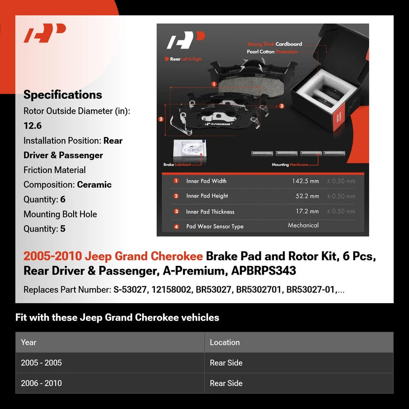 2005-2010 Jeep Grand Cherokee Brake Pad and Rotor Kit, 6 Pcs, Rear Driver & Passenger, A-Premium, APBRPS343