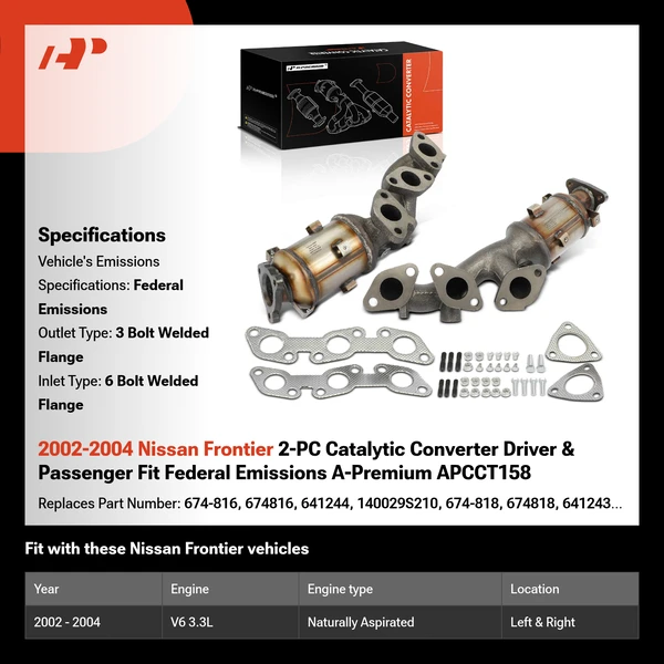 2002-2004 Nissan Frontier 2-PC Catalytic Converter Driver & Passenger Fit Federal Emissions A-Premium APCCT158