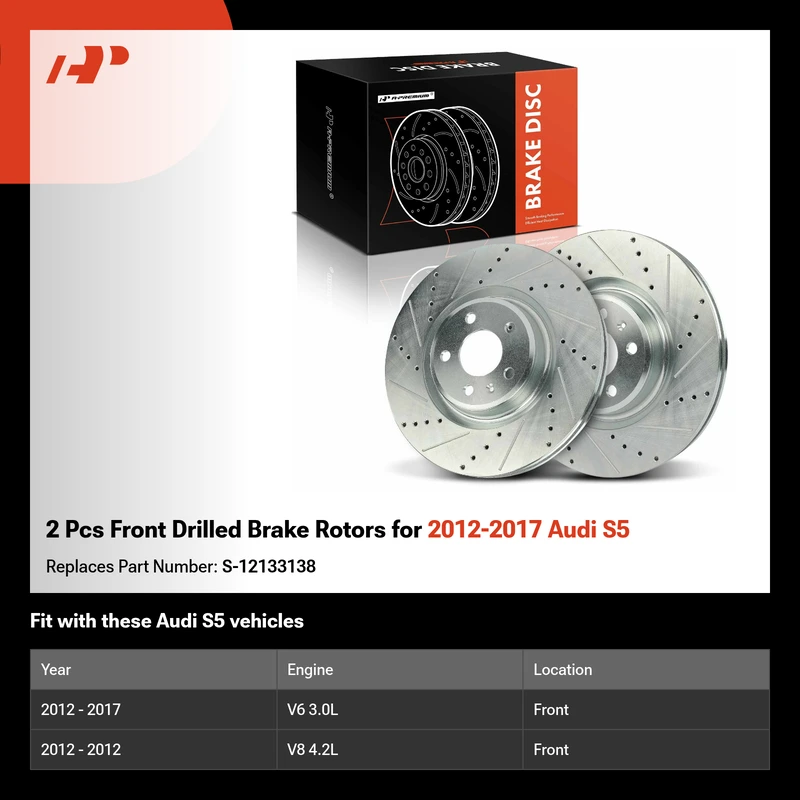 2 Pcs Front Drilled Brake Rotors for 2012-2017 Audi S5