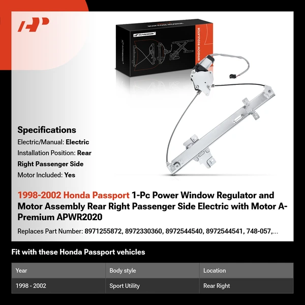 1998-2002 Honda Passport 1-Pc Power Window Regulator and Motor Assembly Rear Right Passenger Side Electric with Motor A-Premium APWR2020
