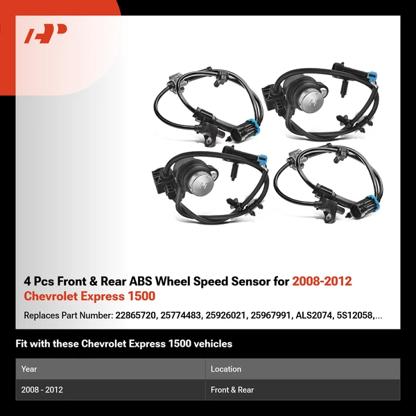 4 Pcs Front & Rear ABS Wheel Speed Sensor for 2008-2012 Chevrolet Express 1500