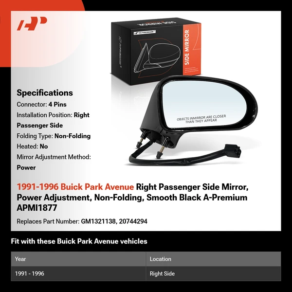 1991-1996 Buick Park Avenue Right Passenger Side Mirror, Power Adjustment, Non-Folding, Smooth Black A-Premium APMI1877