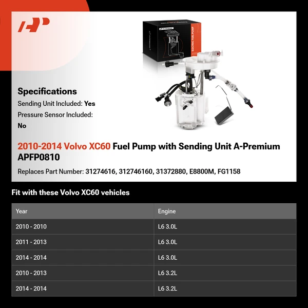 2010-2014 Volvo XC60 Fuel Pump with Sending Unit A-Premium APFP0810