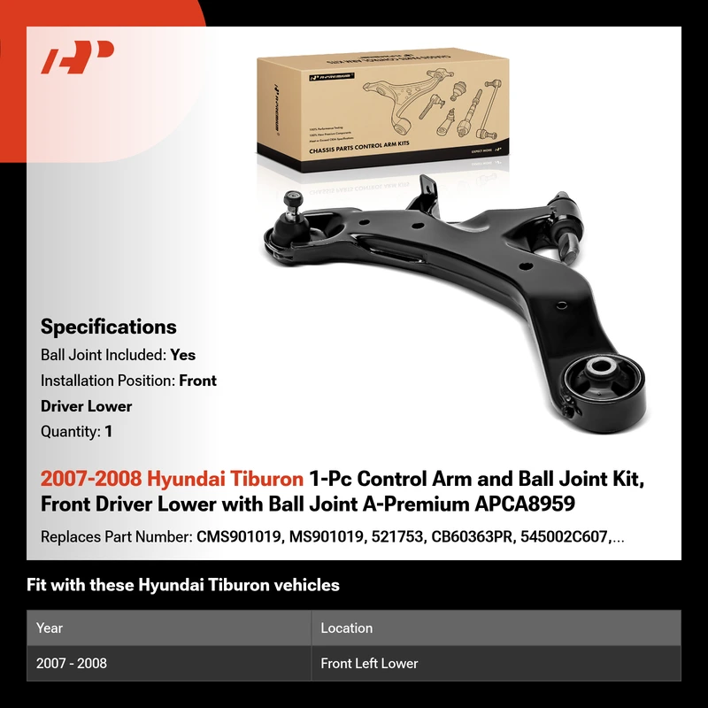 2007-2008 Hyundai Tiburon 1-Pc Control Arm and Ball Joint Kit, Front Driver Lower with Ball Joint A-Premium APCA8959