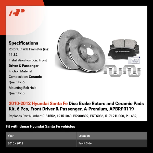 2010-2012 Hyundai Santa Fe Disc Brake Rotors and Ceramic Pads Kit, 6 Pcs, Front Driver & Passenger, A-Premium, APBRPR119