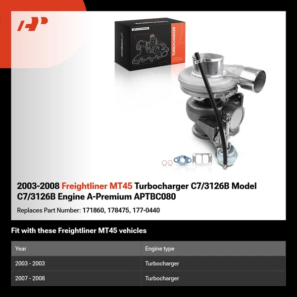 2003-2008 Freightliner MT45 Turbocharger C7/3126B Model C7/3126B Engine A-Premium APTBC080