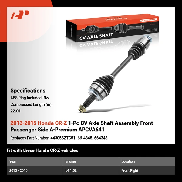 2013-2015 Honda CR-Z 1-Pc CV Axle Shaft Assembly Front Passenger Side A-Premium APCVA641