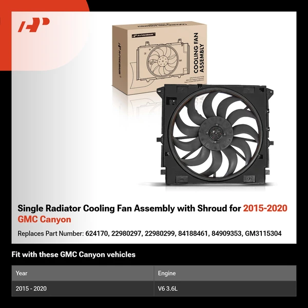 Single Radiator Cooling Fan Assembly with Shroud for 2015-2020 GMC Canyon