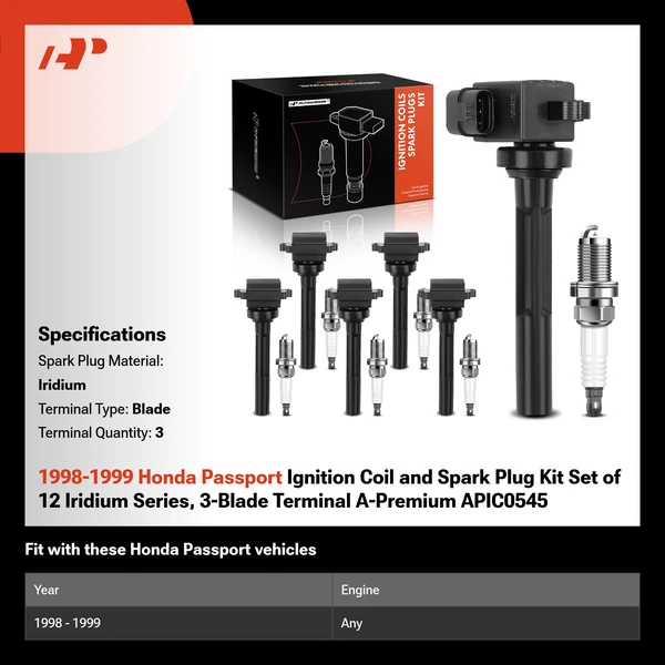 1998-1999 Honda Passport Ignition Coil and Spark Plug Kit Set of 12 Iridium Series, 3-Blade Terminal A-Premium APIC0545
