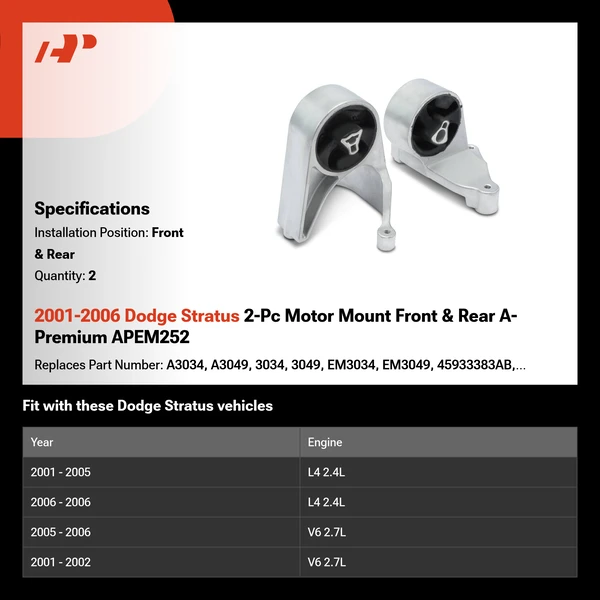 2001-2006 Dodge Stratus 2-Pc Motor Mount Front & Rear A-Premium APEM252