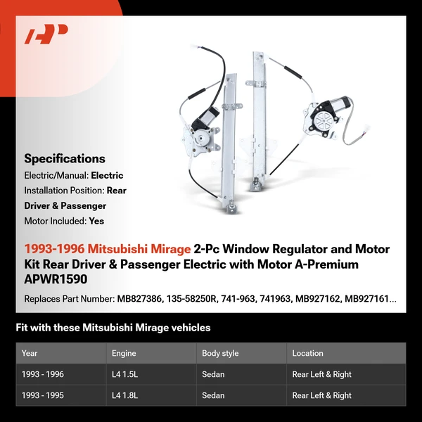1993-1996 Mitsubishi Mirage 2-Pc Window Regulator and Motor Kit Rear Driver & Passenger Electric with Motor A-Premium APWR1590