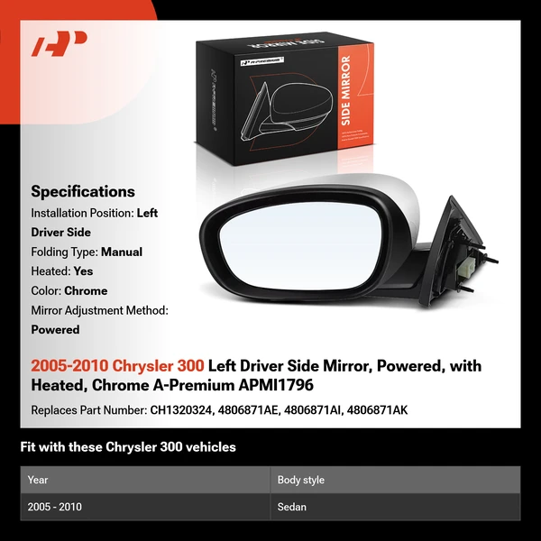 2005-2010 Chrysler 300 Left Driver Side Mirror, Powered, with Heated, Chrome A-Premium APMI1796