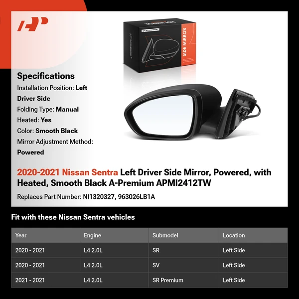2020-2021 Nissan Sentra Left Driver Side Mirror, Powered, with Heated, Smooth Black A-Premium APMI2412TW