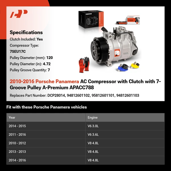 2010-2016 Porsche Panamera AC Compressor with Clutch with 7-Groove Pulley A-Premium APACC788