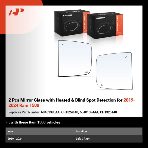 2 Pcs Mirror Glass with Heated & Blind Spot Detection for 2019-2024 Ram 1500