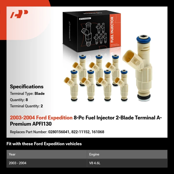 2003-2004 Ford Expedition 8-Pc Fuel Injector 2-Blade Terminal A-Premium APFI130