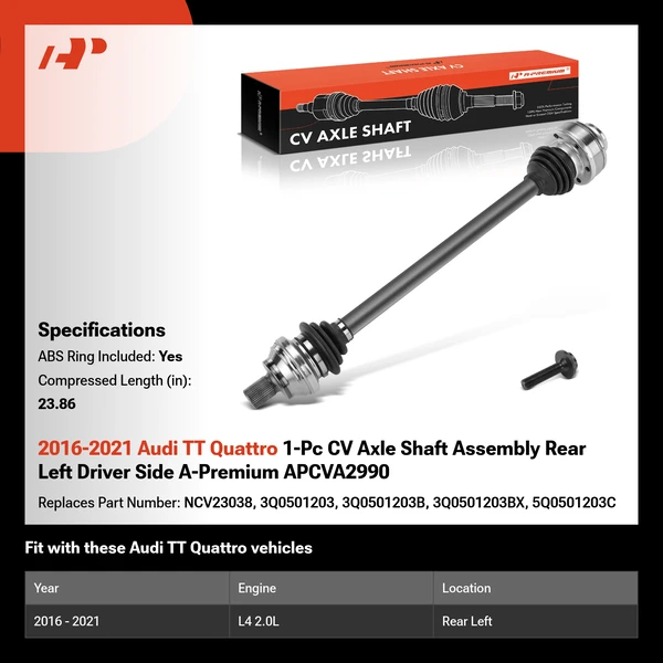 2016-2021 Audi TT Quattro 1-Pc CV Axle Shaft Assembly Rear Left Driver Side A-Premium APCVA2990