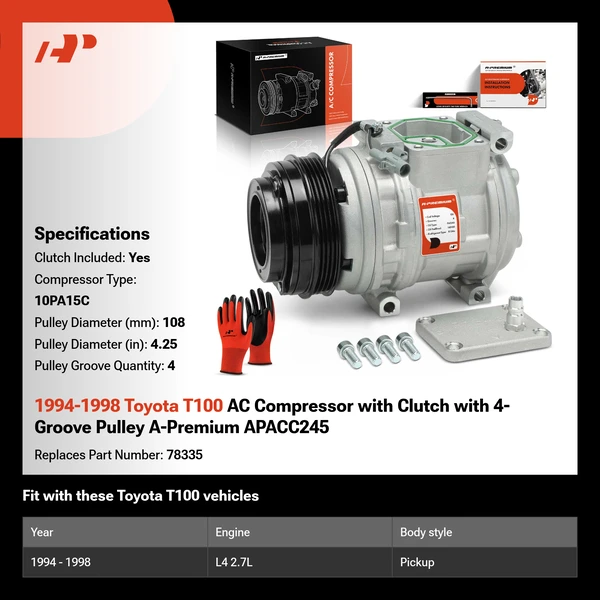 1994-1998 Toyota T100 AC Compressor with Clutch with 4-Groove Pulley A-Premium APACC245