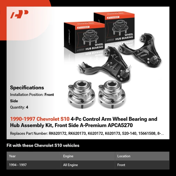 1990-1997 Chevrolet S10 4-Pc Control Arm Wheel Bearing and Hub Assembly Kit, Front Side A-Premium APCA5270