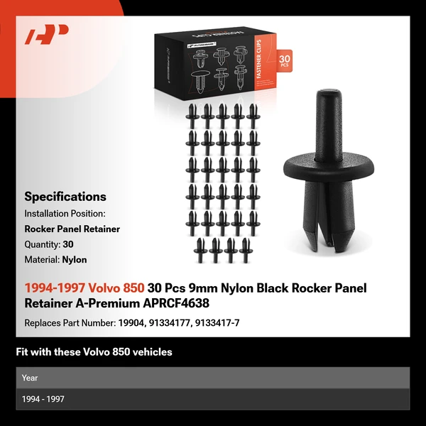 1994-1997 Volvo 850 30 Pcs 9mm Nylon Black Rocker Panel Retainer A-Premium APRCF4638