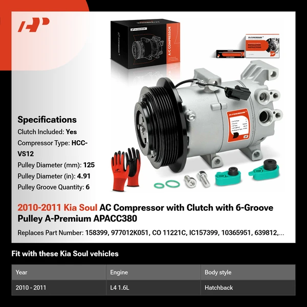 2010-2011 Kia Soul AC Compressor with Clutch with 6-Groove Pulley A-Premium APACC380