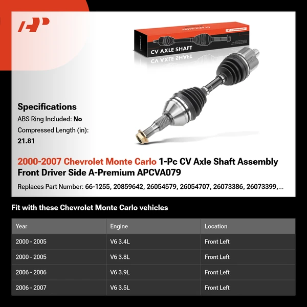 2000-2007 Chevrolet Monte Carlo 1-Pc CV Axle Shaft Assembly Front Driver Side A-Premium APCVA079