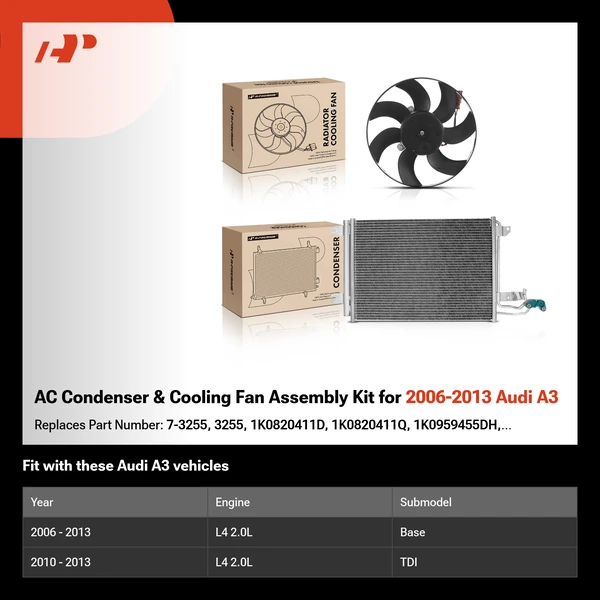 AC Condenser & Cooling Fan Assembly Kit for 2006-2013 Audi A3