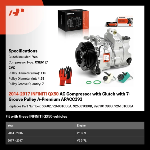 2014-2017 INFINITI QX50 AC Compressor with Clutch with 7-Groove Pulley A-Premium APACC393