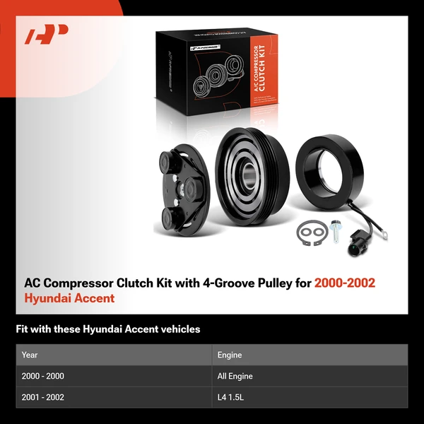 AC Compressor Clutch Kit with 4-Groove Pulley for 2000-2002 Hyundai Accent