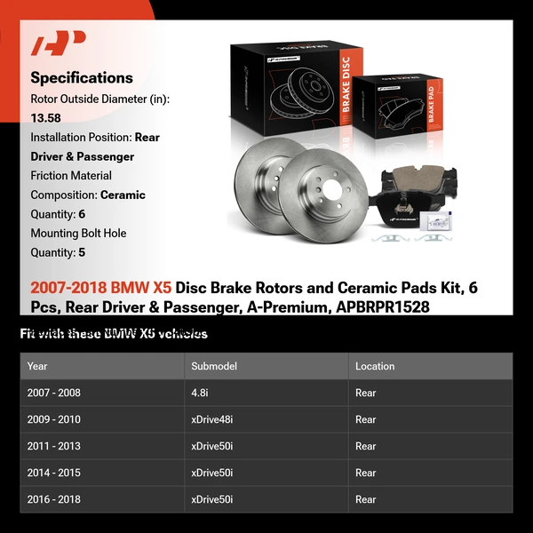 2007-2018 BMW X5 Disc Brake Rotors and Ceramic Pads Kit, 6 Pcs, Rear Driver & Passenger, A-Premium, APBRPR1528