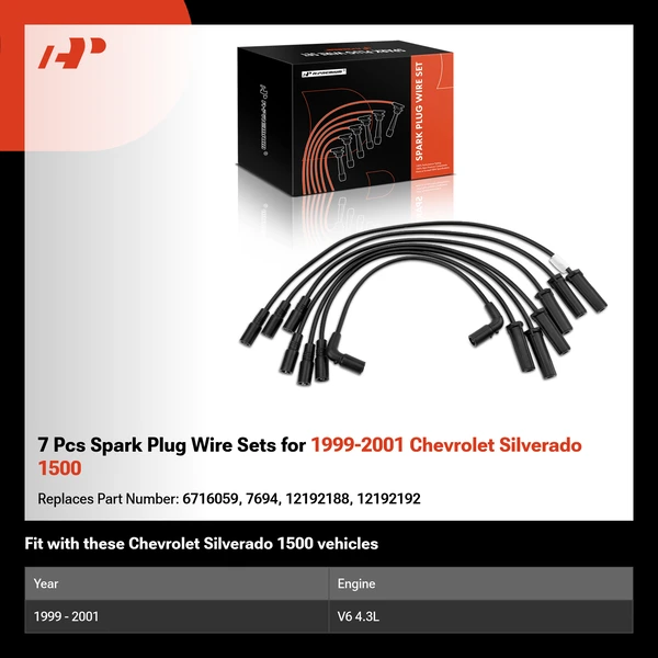 7 Pcs Spark Plug Wire Sets for 1999-2001 Chevrolet Silverado 1500