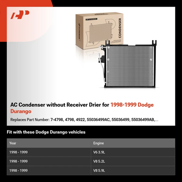 AC Condenser without Receiver Drier for 1998-1999 Dodge Durango