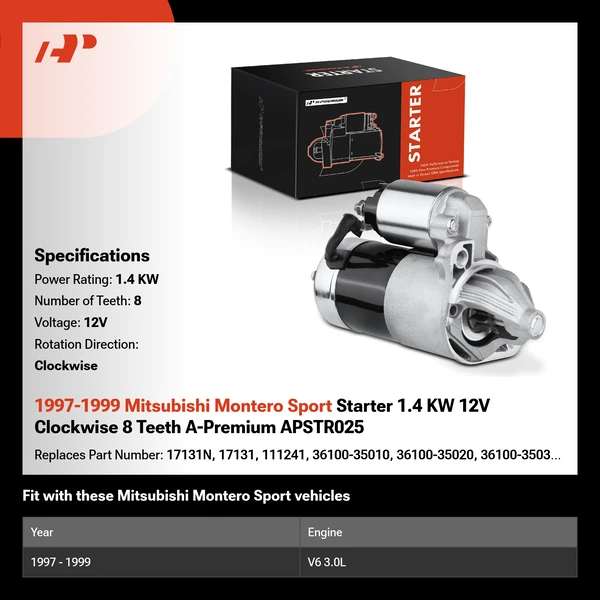1997-1999 Mitsubishi Montero Sport Starter 1.4 KW 12V Clockwise 8 Teeth A-Premium APSTR025