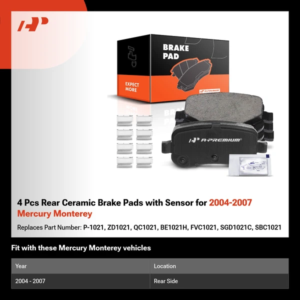 4 Pcs Rear Ceramic Brake Pads with Sensor for 2004-2007 Mercury Monterey