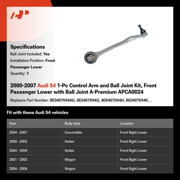 2000-2007 Audi S4 1-Pc Control Arm and Ball Joint Kit, Front Passenger Lower with Ball Joint A-Premium APCA0024
