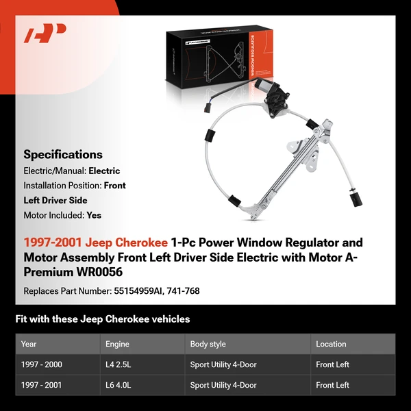 1997-2001 Jeep Cherokee 1-Pc Power Window Regulator and Motor Assembly Front Left Driver Side Electric with Motor A-Premium WR0056